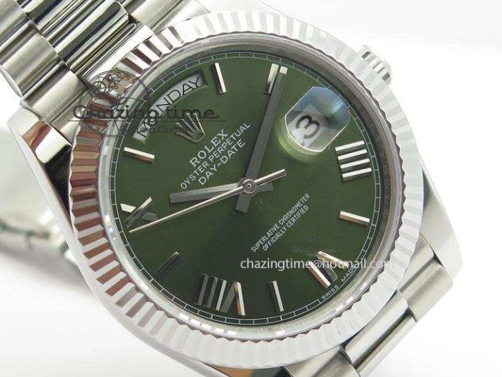 MiroTime 0508 Stretchable DayDate 40mm BP-Maker 228206 SS Green Roman Dial (Fluted Bezel) On SS Bracelet ETA 3904